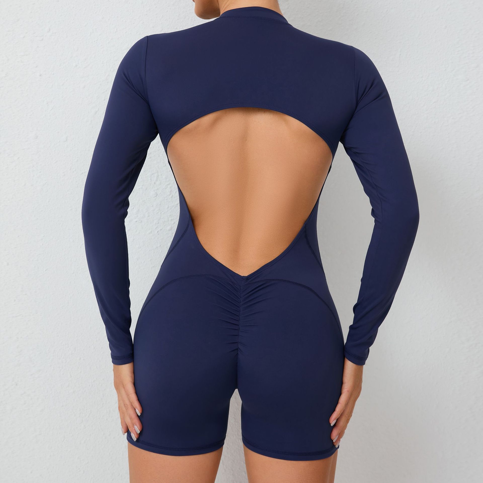 S Purple Backless Scrunch Butt Workout Jumpsuit - Long-Sleeve Open-Back Yoga Romper โ image 4