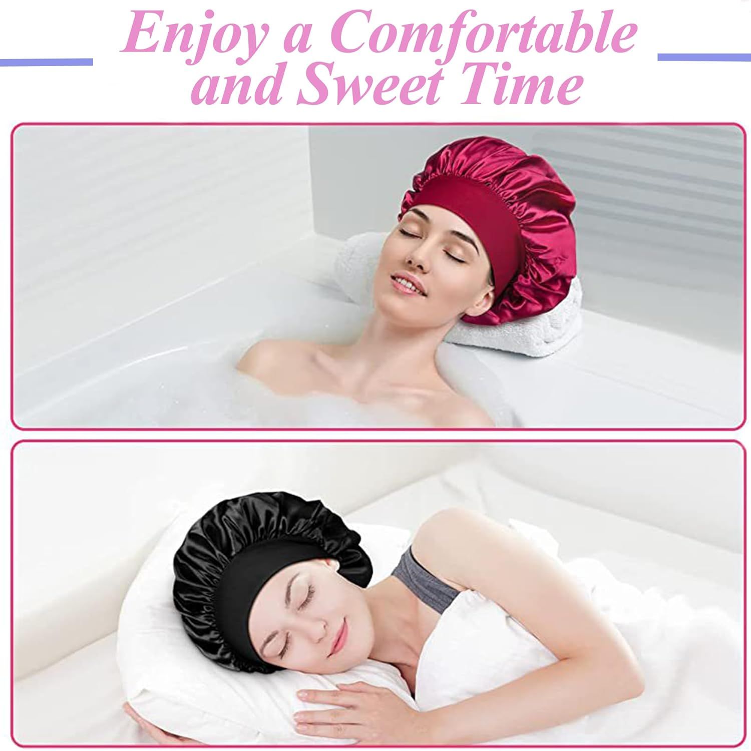 4 PCS Silk Bonnet for Sleeping Curly Hair Satin Bonnet for Women Elastic Wide Band Hair Bonnet Shower Caps Multicolor — image 3