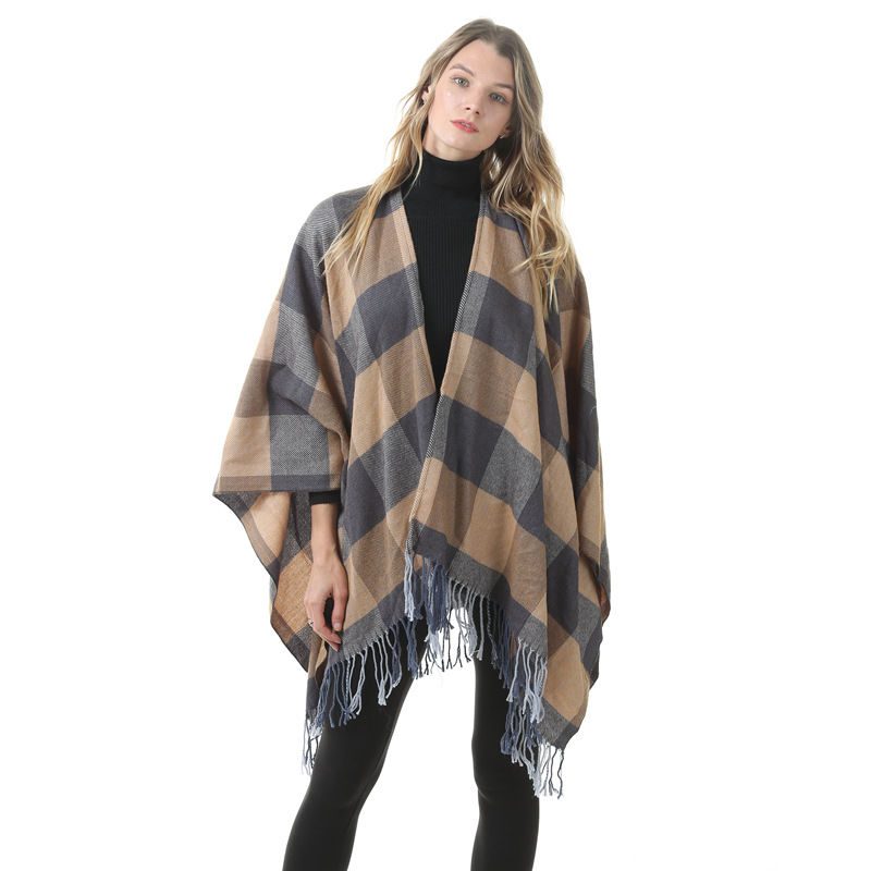 Women's Plaid Open-Front Poncho Cape – Soft Faux Cashmere Scarf Wrap with Tassel Detail (130 × 150cm)- Style P30