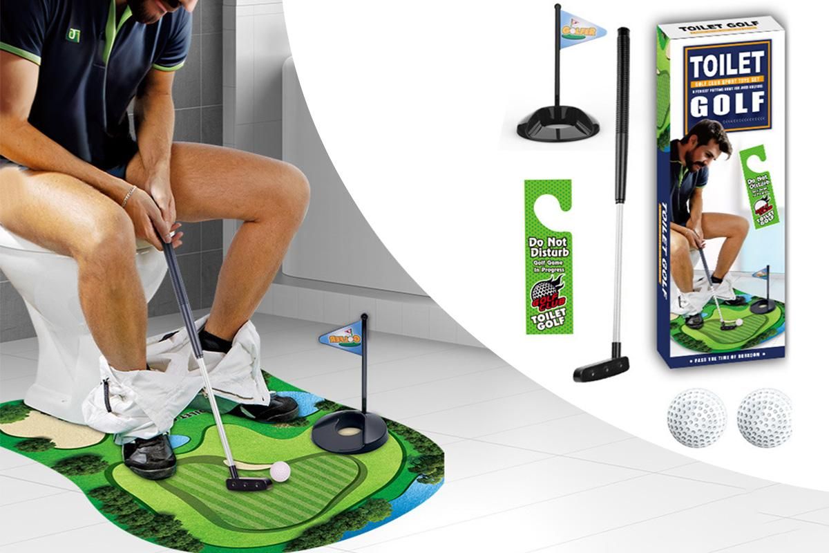 Toilet Golf Game Toilet Golf Toys Set with Practice Mat Golf Club 2 Balls Bathroom Practice Mini Golf in Restroom — image 5