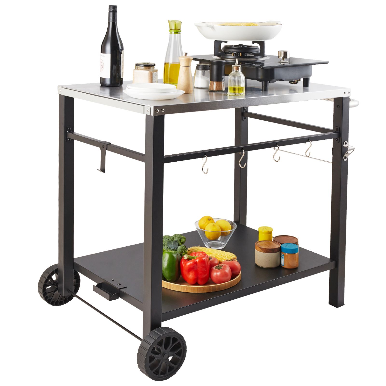 Outdoor Grill Dining Cart with Double-Shelf, 85 × 55cm BBQ Movable Food Prep Table, Multifunctional Stainless Steel Table Top, Portable Modular Carts for Pizza