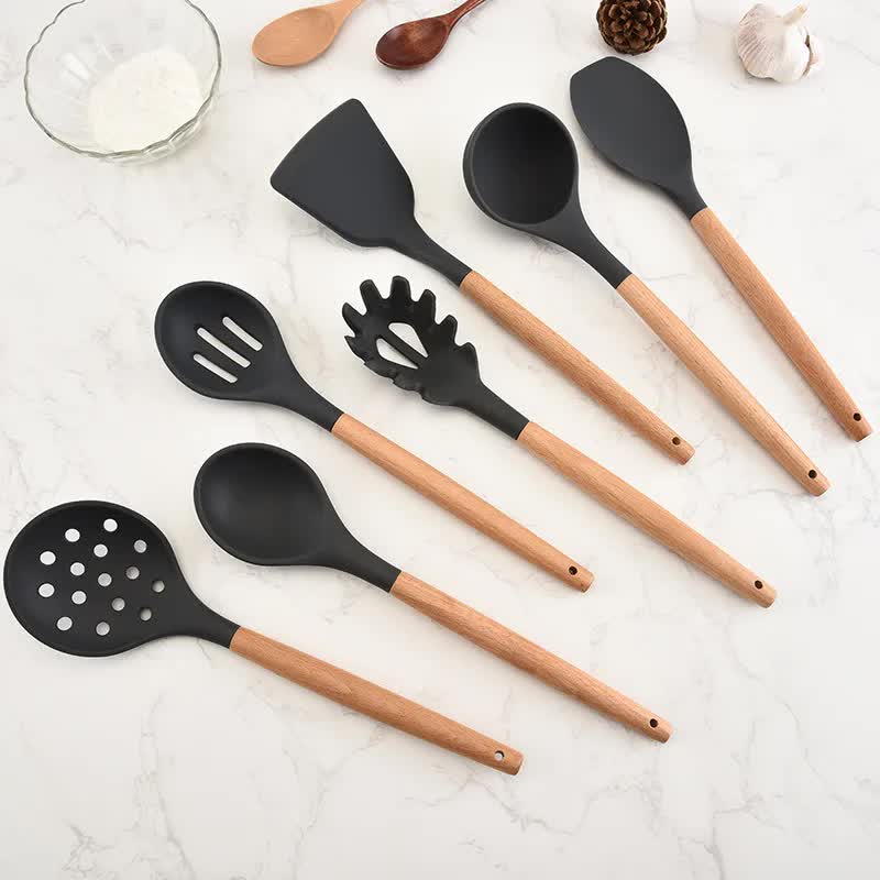 Red And Brown 12-Piece Silicone Kitchen Utensil Set - Non-Stick Food-Grade Silicone Cooking Tools with Wooden Handles and Holder โ image 4