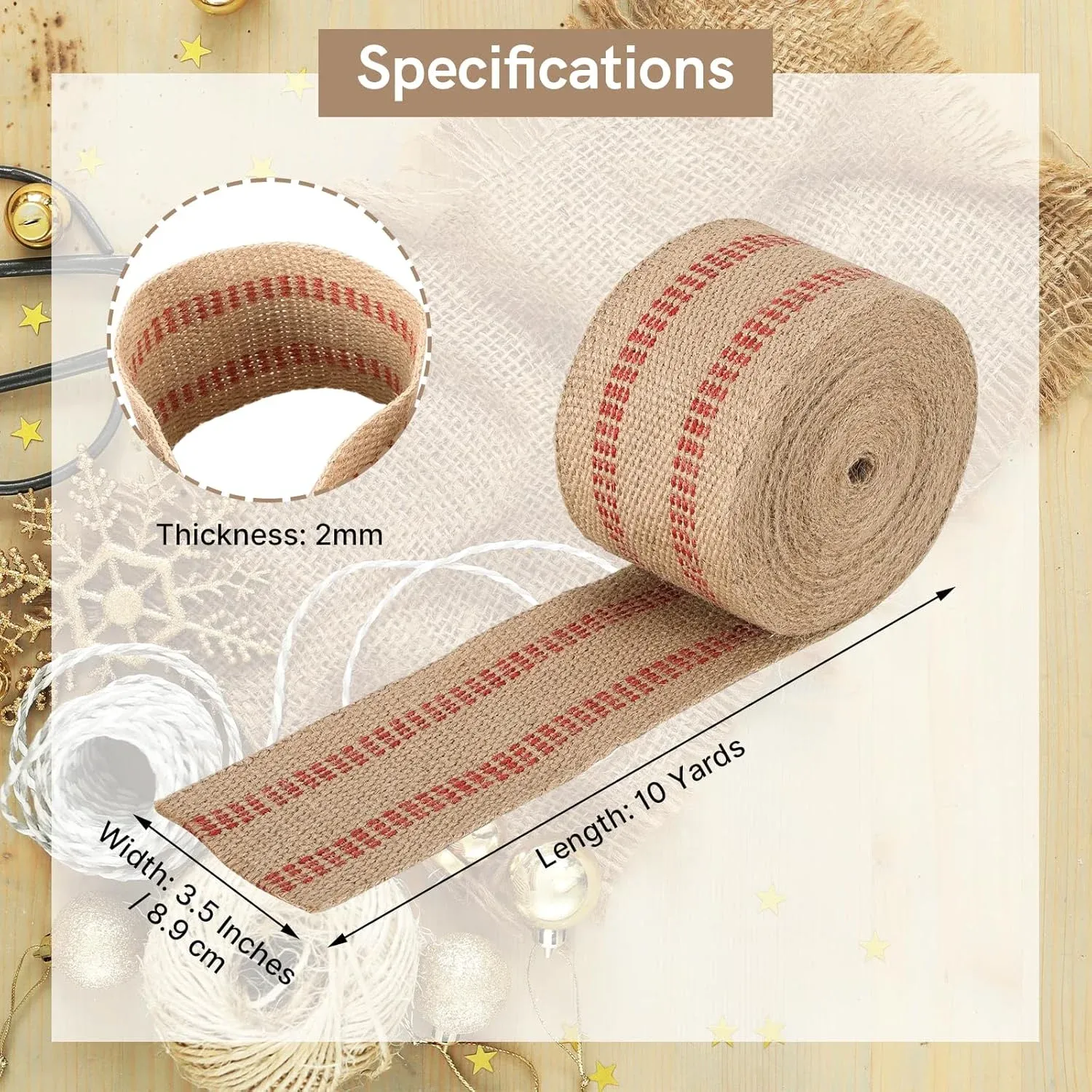 Jute Webbing Tape Roll, Natural Burlap Upholstery Strap for Chair Repair, Red Stitch 3.5 In x 5M โ image 2