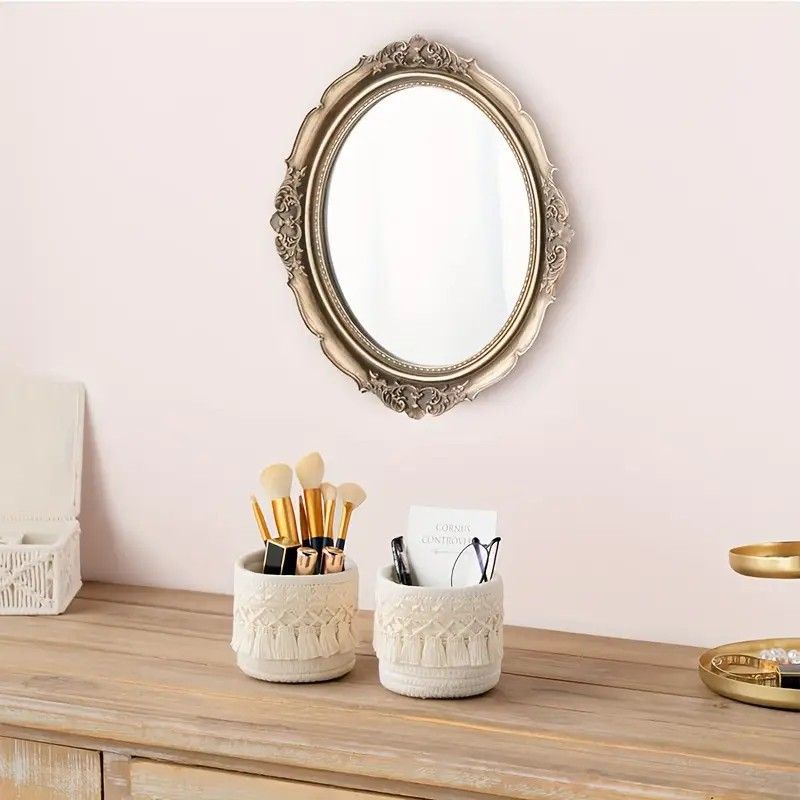 Beige Boho Cotton Rope Tassel Storage Baskets – Set of 2 Round Woven Organizers for Makeup Brushes & Desktop Essentials (12cm Diameter) — image 3