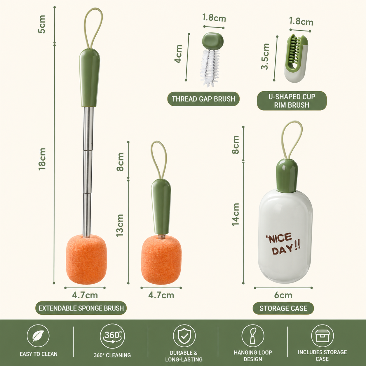 Green Portable 3-in-1 Cup Cleaning Brush Set with 3 Replacement Sponge Heads – Retractable Long Handle Bottle Brush for Travel Mugs, Coffee Cups, Water Bottles — image 5
