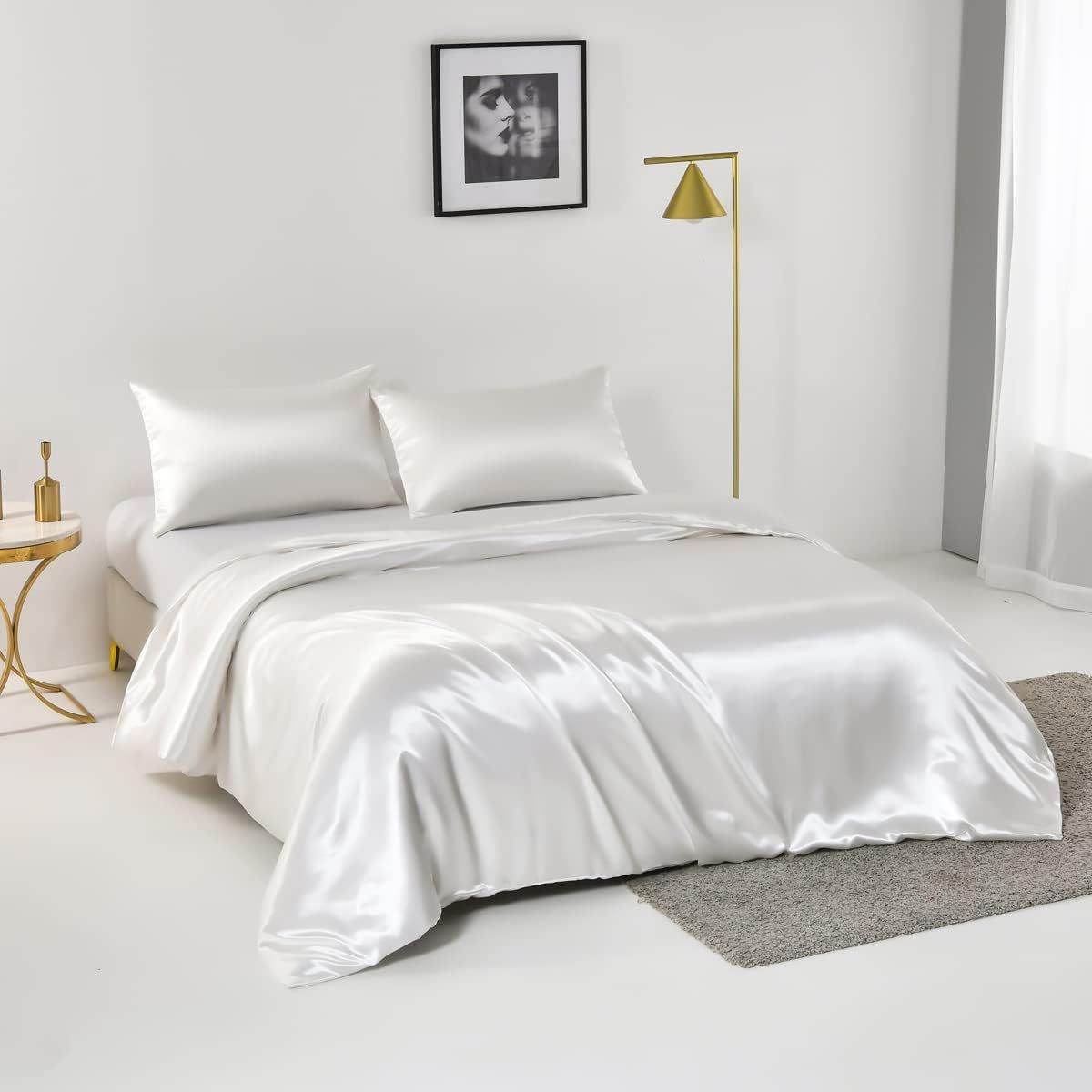 Satin Quilt cover Set Hotel 3 Pieces Quilt cover with Pillowcase, Art Silk Bedding Set-Luxury Soft Silky pillowcase for Hair and Skin, Similar to Silk — image 2