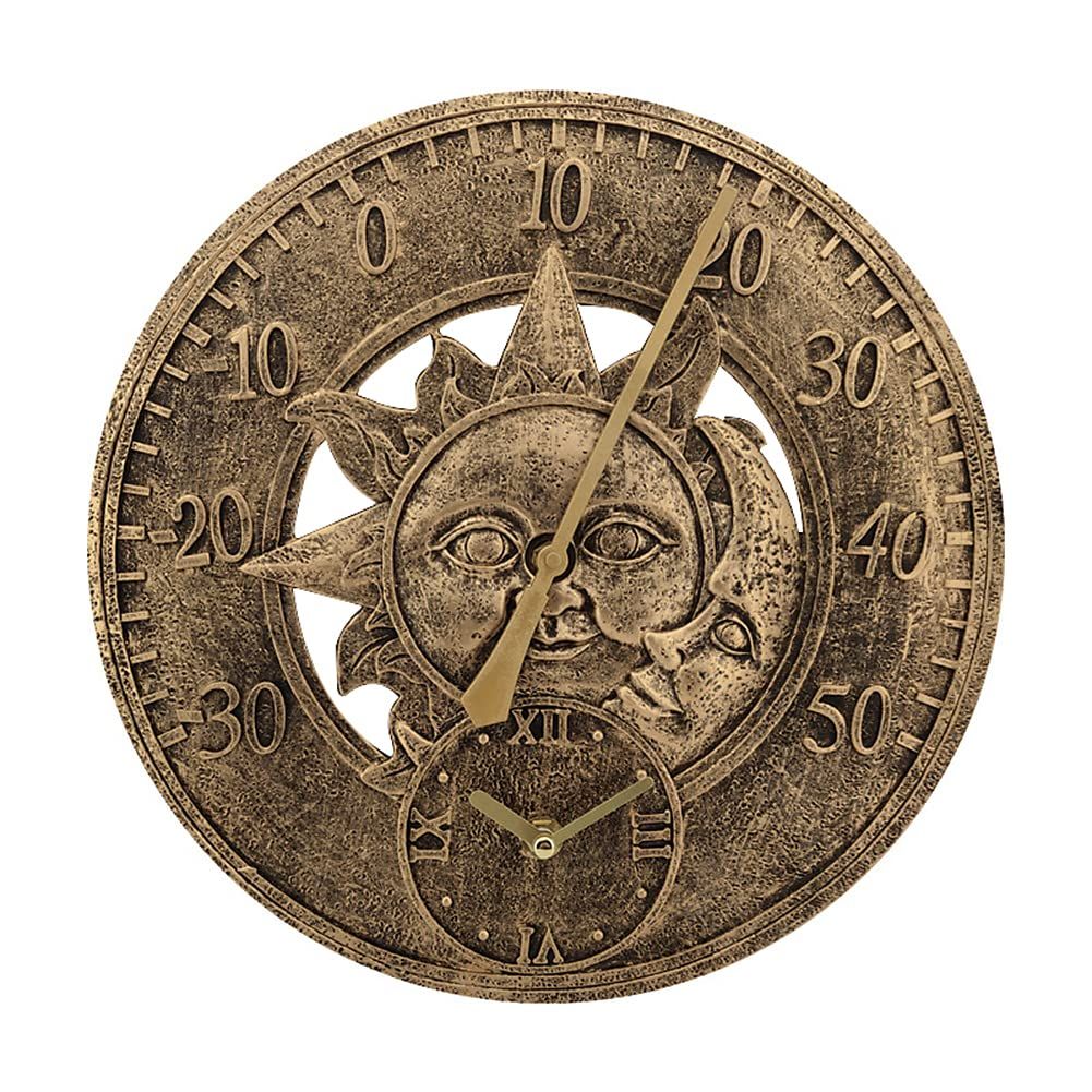 Outdoor Wall Clock, Thermometer for Patio and Pool, Round, Metal, Rustic,Waterproof,Outdoor Clock Thermometer Combo Garden-12in