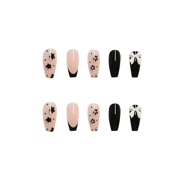 Cute Long Coffin Press on Nails Black Glossy Fake Nails Design Flower Bow French False Nails Tips Full Cover Halloween 24Pcs