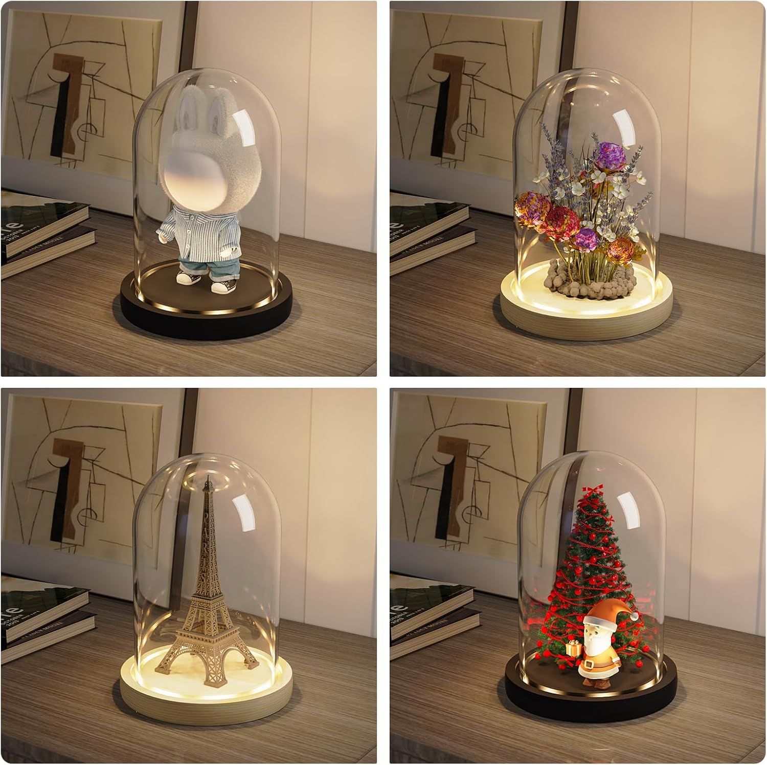 Glass niche dome with wooden LED lamp base, transparent display dome, countertop glass niche display cabinet, small statue, souvenir, plant, ideal — image 5