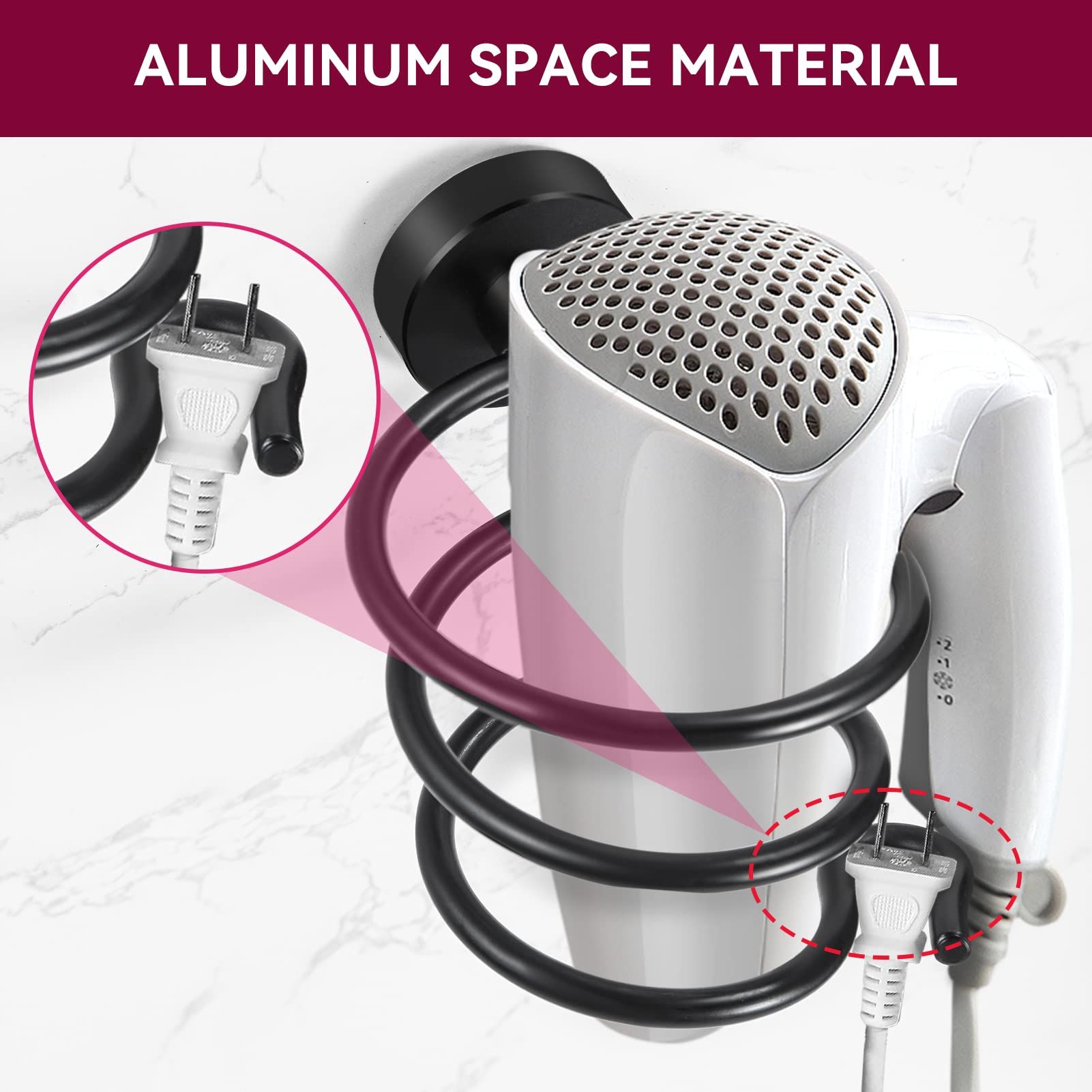 Hair Dryer Holder Hairdryer Station Wall Mounted Stand Hanger Rack Blow Spiral Aluminum Construction Black Painted Shelf Storage โ image 2