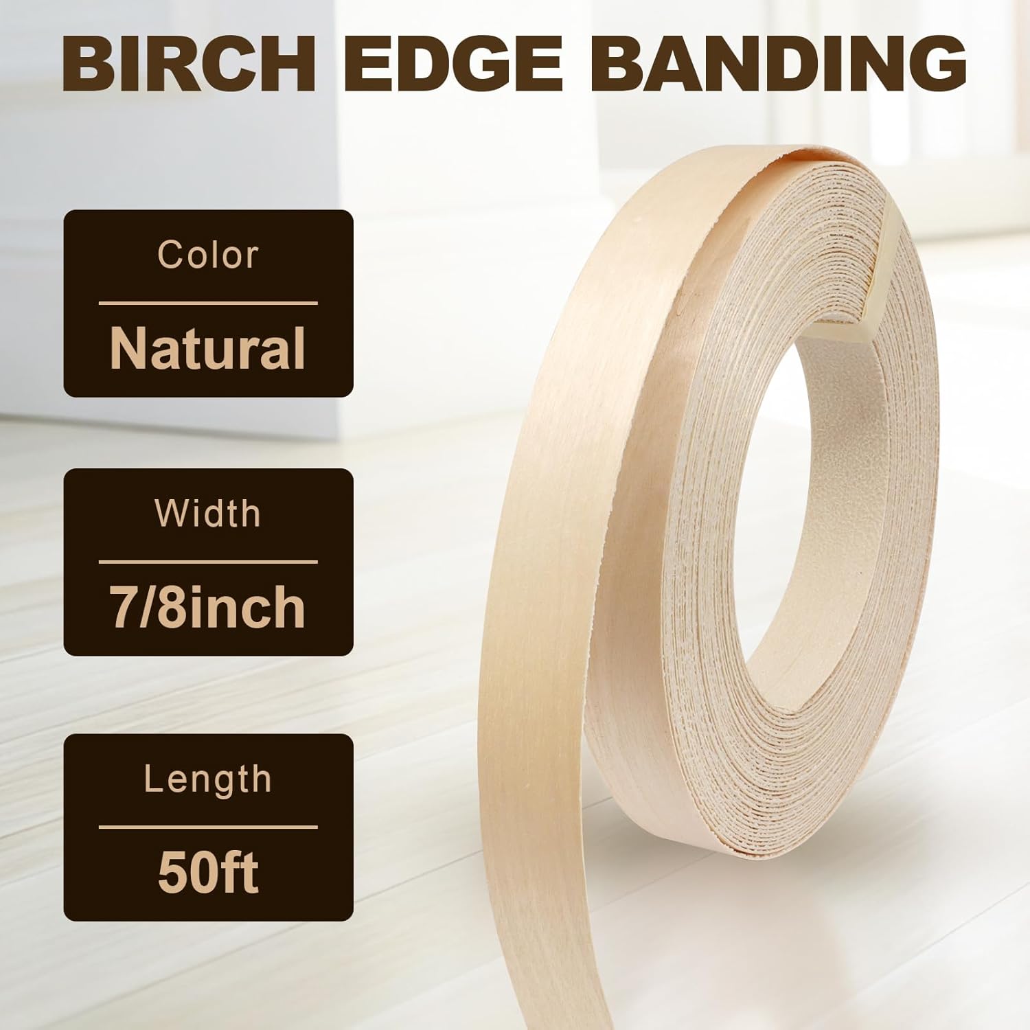 Biaungdo Birch Edge Banding 7/8 Inch x 50ft, Wood Veneer Roll Tape Banding Pre-Glued, Iron-on Veneer Edging Band Strips for Cabinet, Furniture Restoration — image 2