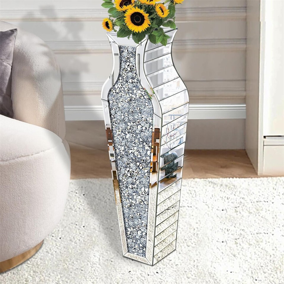 Sparkling Crushed Diamond Mirrored Floor Vase Tall Silver Glass Fake Flower Vase — image 3