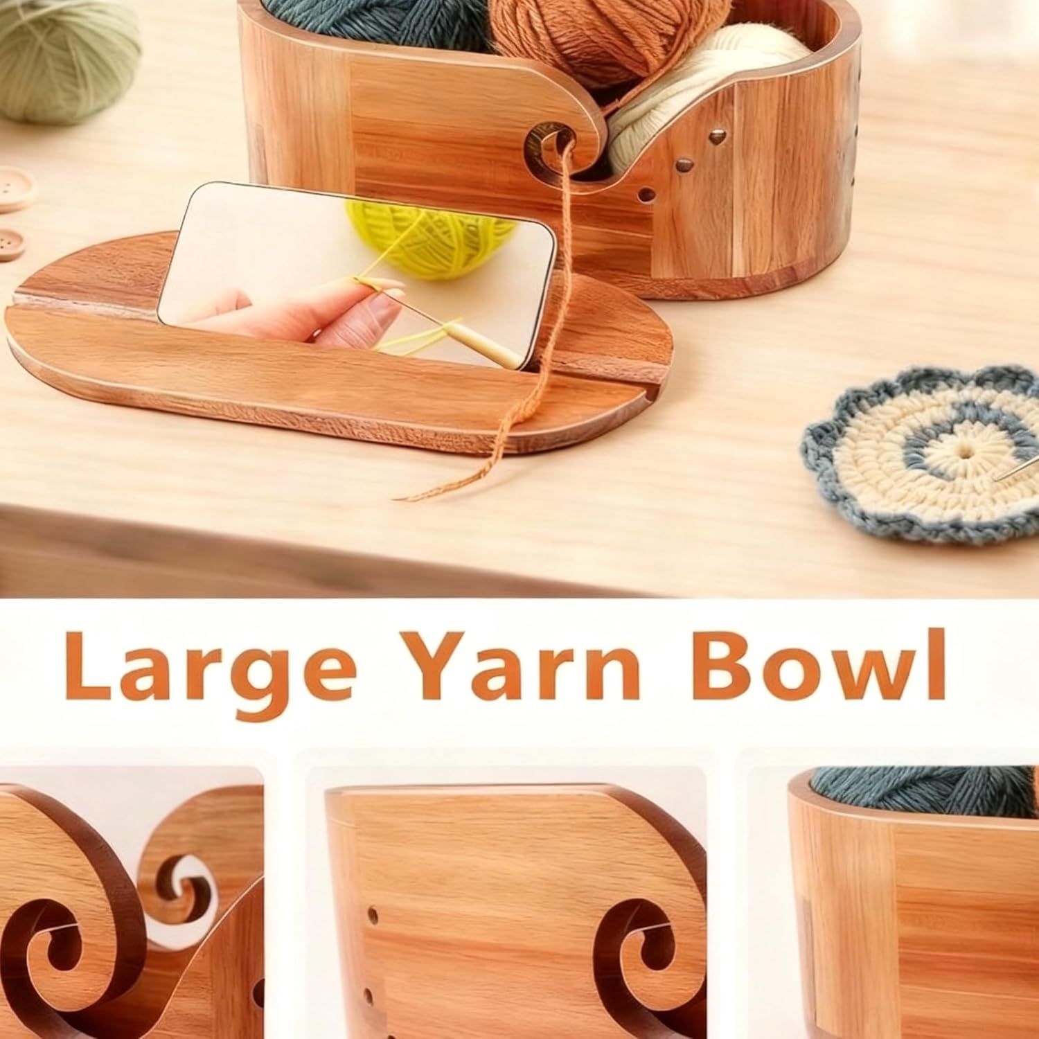 9 Piece Bamboo Crochet Hook Set with Wooden Yarn Bowl and Phone Holder โ image 4