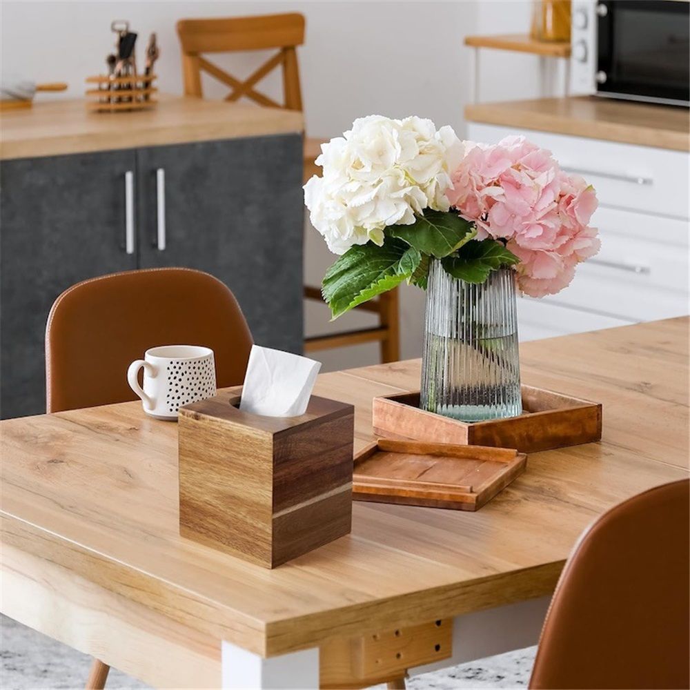 Acacia Wood Tissue Box Cover, Square Wooden Tissue Holder for Bathroom, Living Room, Dining Table, Decorative Cube Facial Tissue Box Cover — image 2