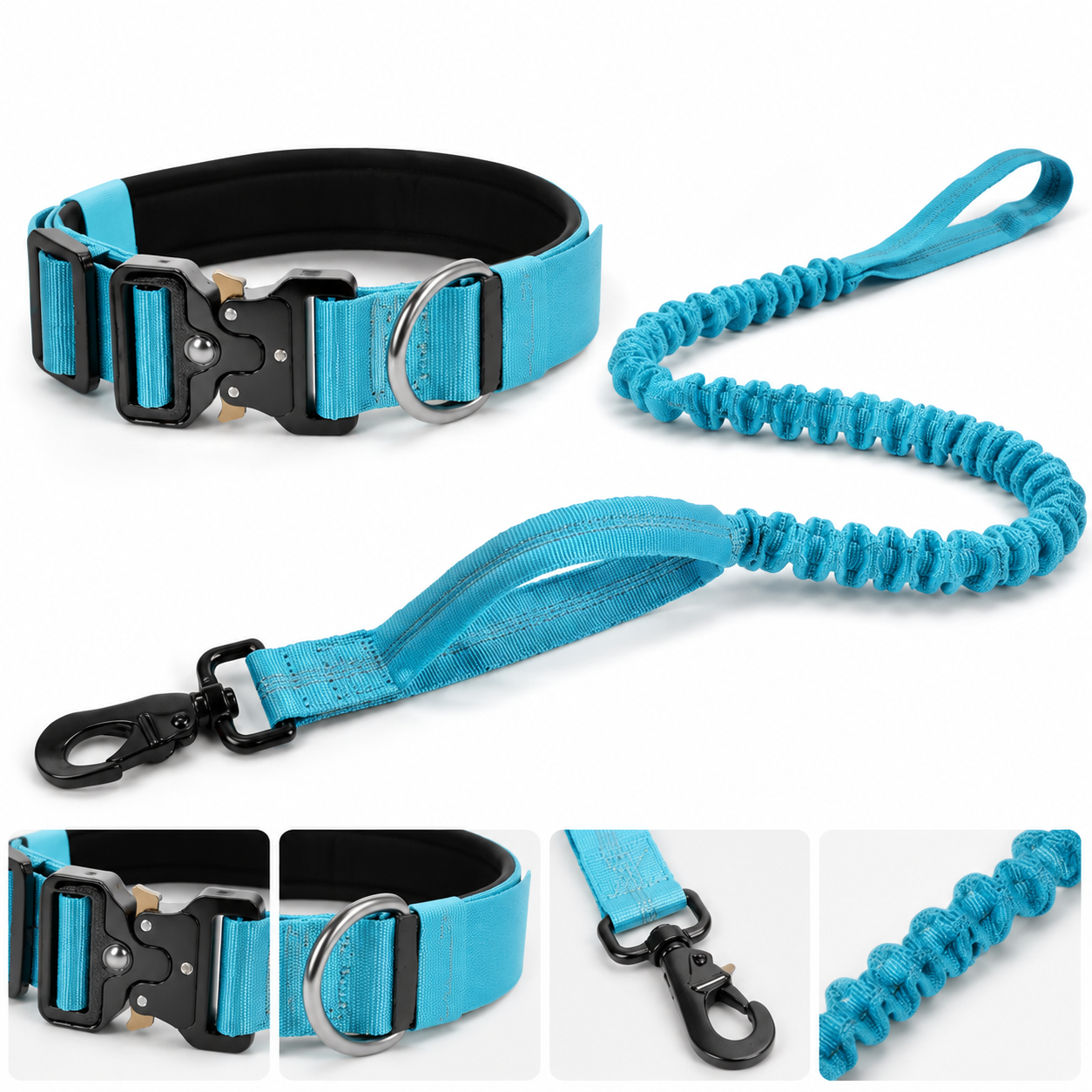 Blue Tactical Dog Collar and Bungee Lead Set (L size) - Padded Quick Release Collar with Control Handle and Shock Absorbing Leash for Medium and — image 2