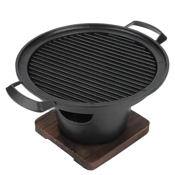 1 Piece Korean Smokeless Charcoal BBQ Grill, Aluminium Grill with Wood Base for Home Barbecues, Black, 26 × 21 × 12.5 cm — image 3