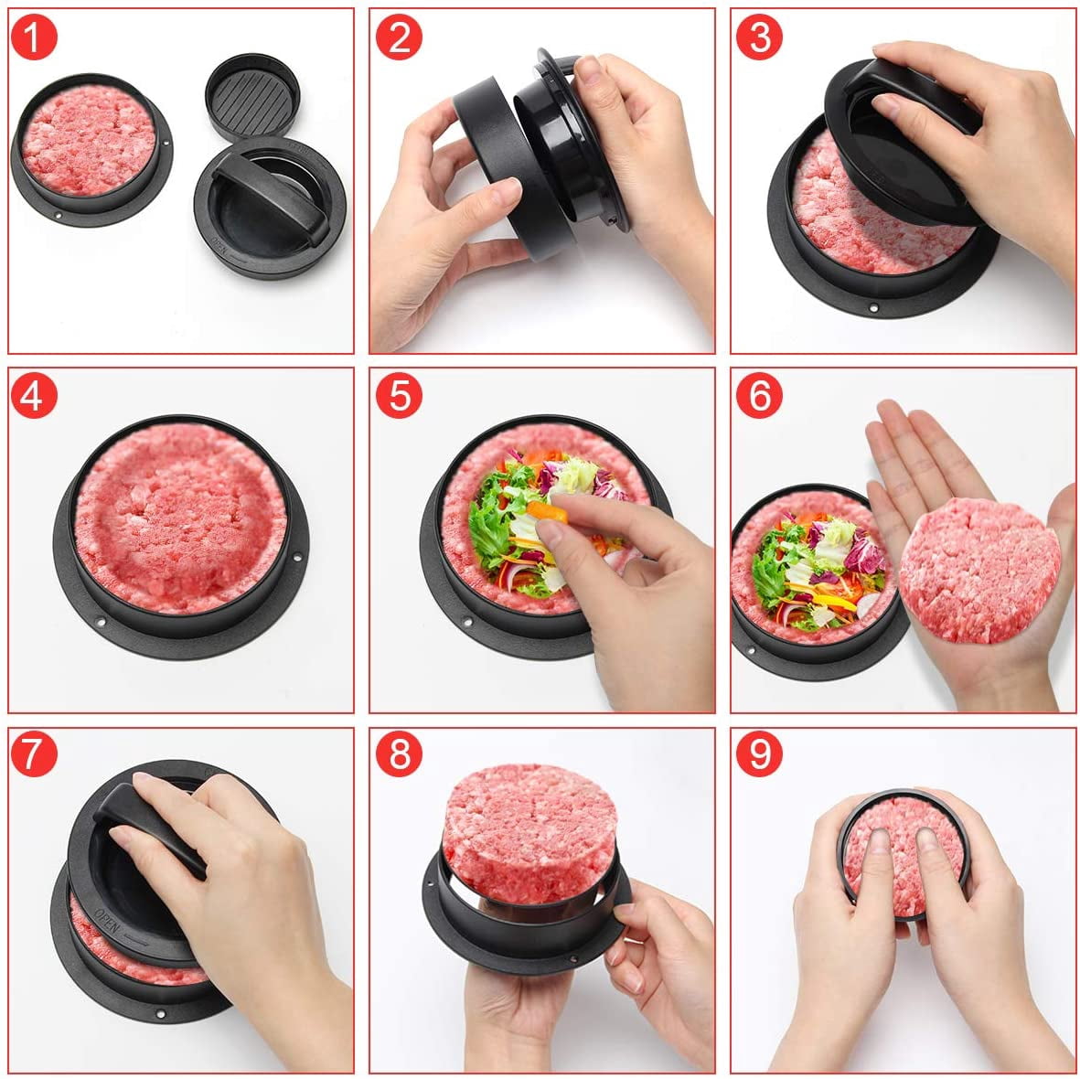 3 in 1 Burger Press Patty Maker,Plutput Hamburger Patty Maker Stuffed Burgers Press with 100p Burger Paper for BBQ Non-Stick Sliders Beef Burger Press (Black) โ image 4