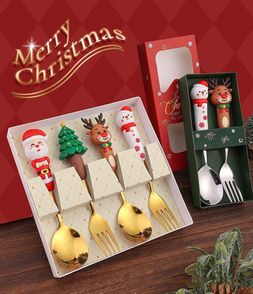 4Pcs Large Silver Xmas Doll Handle Stainless Steel Spoon Only Set Style B, Green Checkered Box Packaging for Christmas Table Ornament and Holiday Gift — image 3