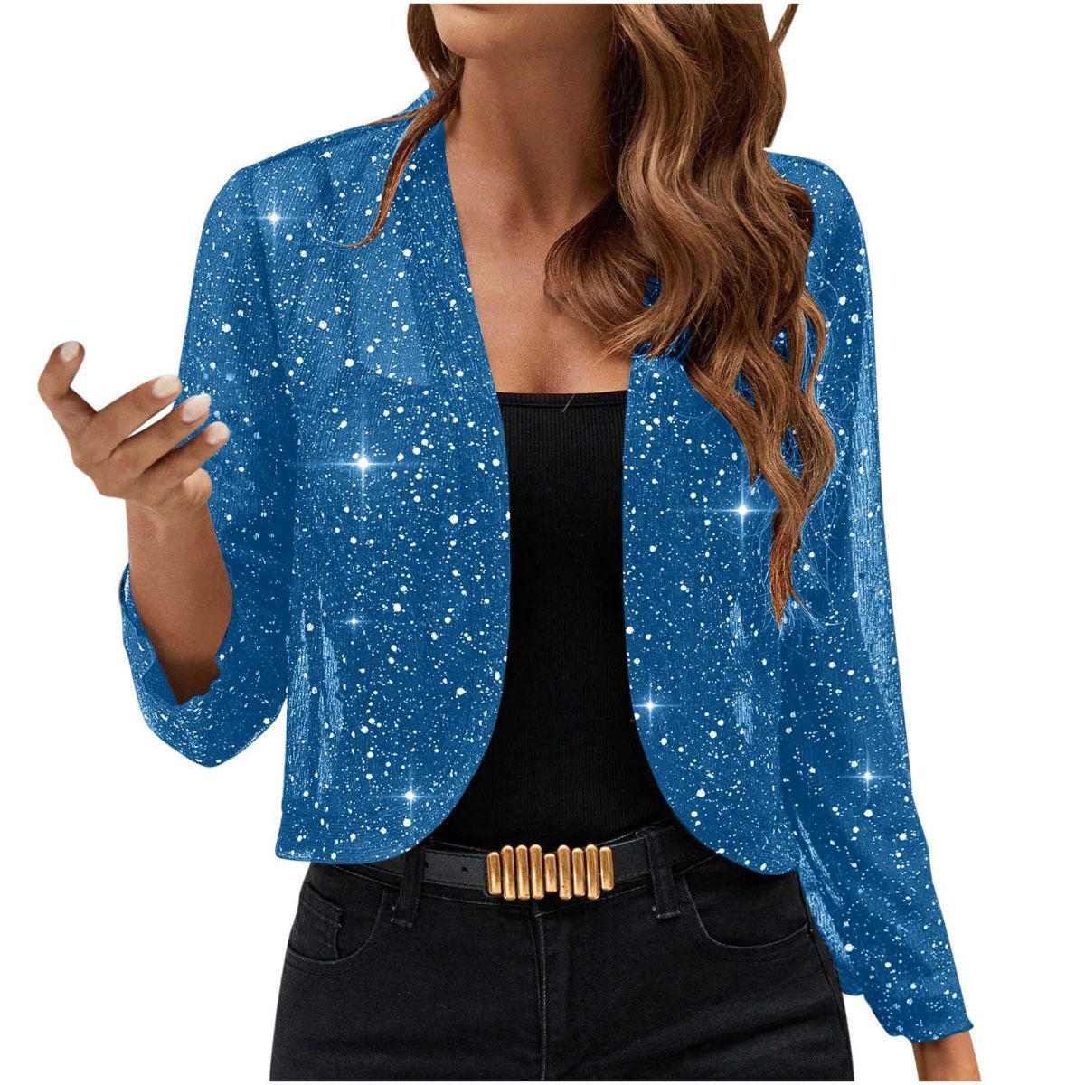 Sparkly Women'S Jacket Sheer Jacket Women'S Outerwear Fashion Jacket Glamorous - Sky Blue - Size M