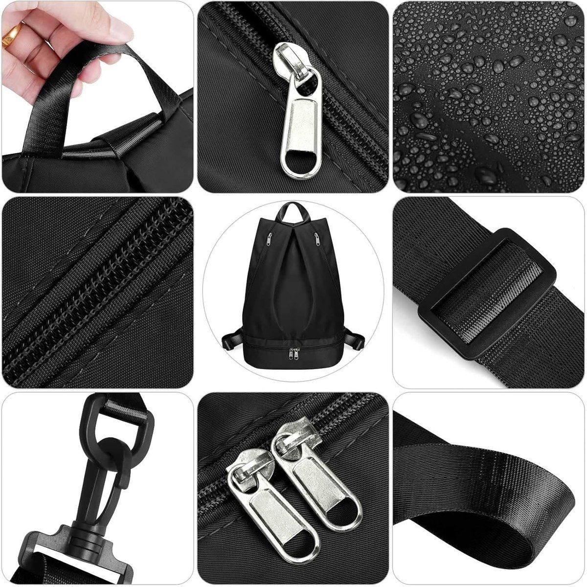 Women Swim Gym Backpack With Wet Dry Separation Shoe Compartment Foldable Nylon Sports Bag With Adjustable Straps, Black โ image 4