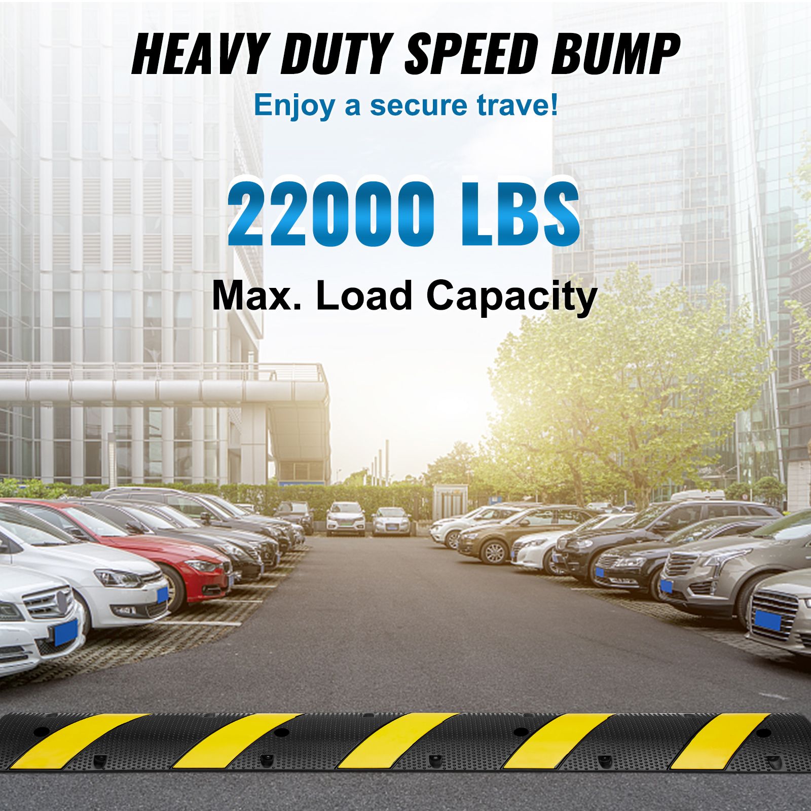 6 ft Rubber Speed Hump, 2 Channel, 10000 kg/axle Load Capacity Heavy Duty Traffic Speed Bump, with High Reflective Yellow Strip 4 Expansion Screws and 1 Drill โ image 2