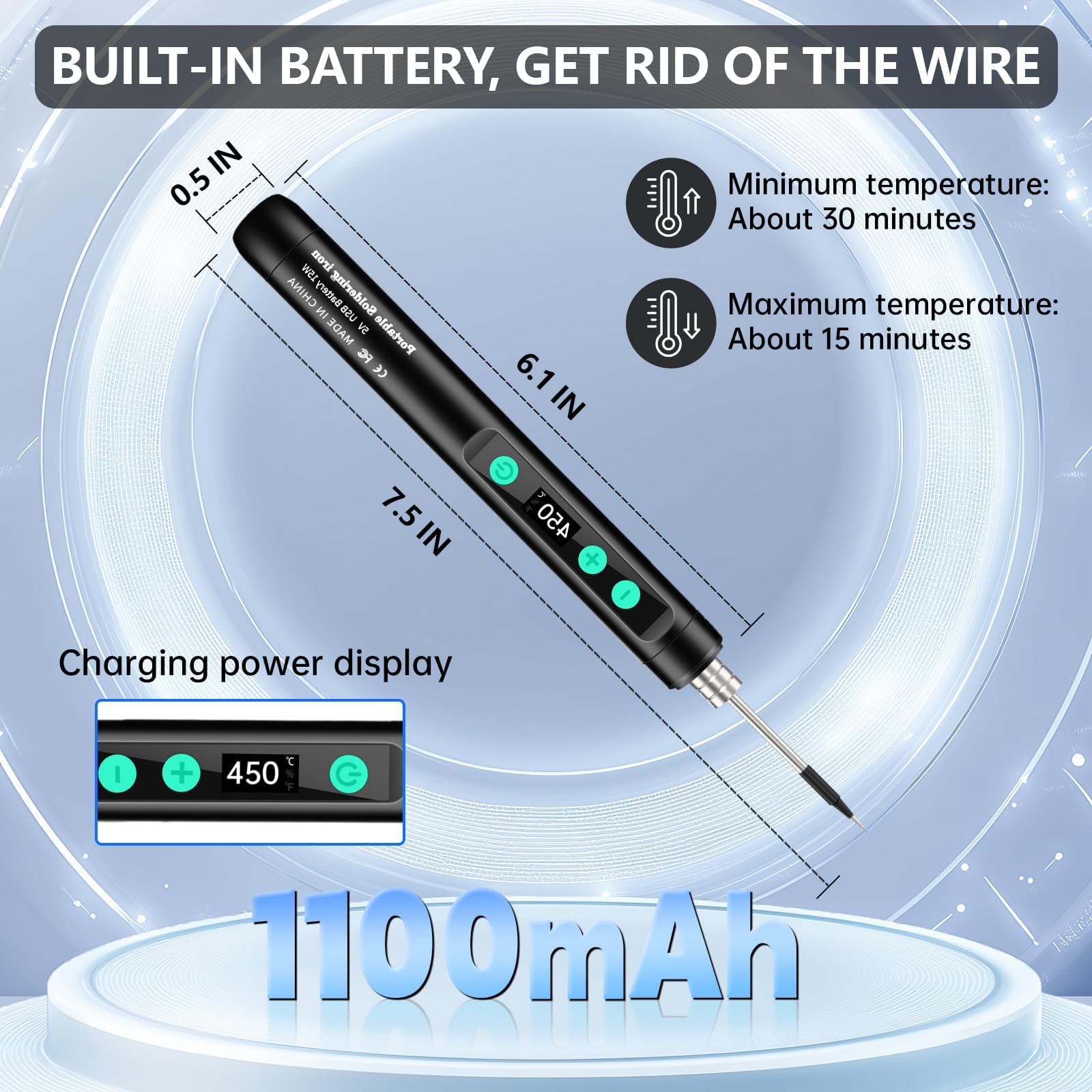 Portable USB-C Soldering Iron Kit – 15W Wireless Electric Soldering Pen with LCD Display, Adjustable Temp 180°C–450°C, 1100mAh Battery, Type-C Charging — image 3