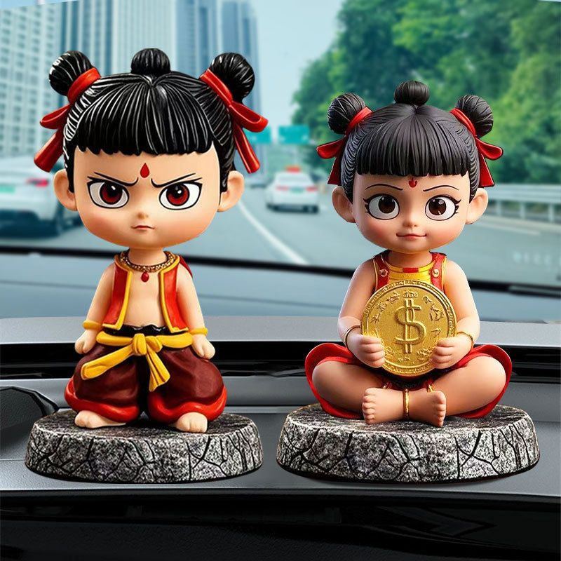Nezha Bobblehead Figurine Wanfei Resin Car Office Decor Combination model-nezha [standing model + sitting model]