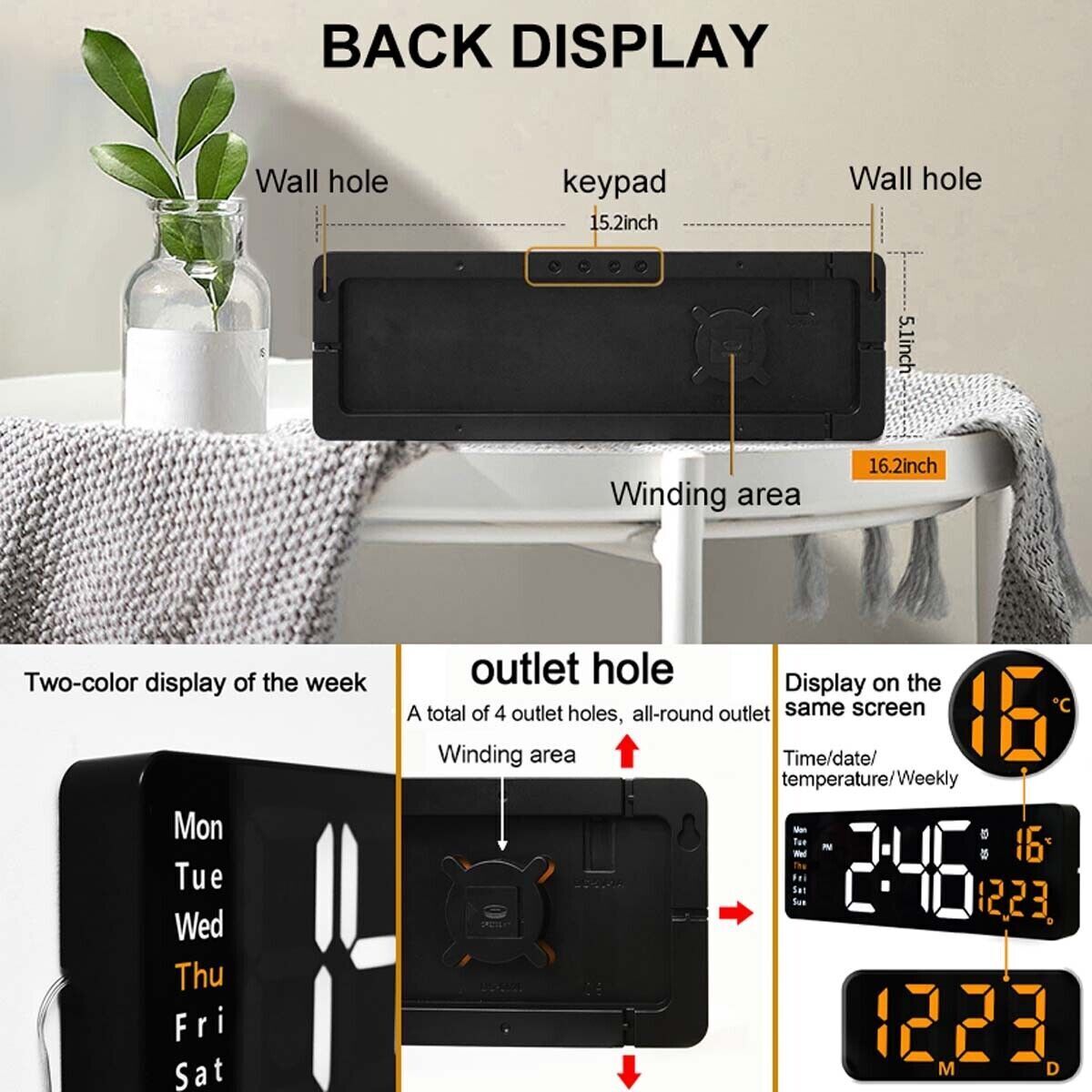 16" Orange Large Digital Big Jumbo LED Wall Desk Clock Display With Temperature Calendar — image 6