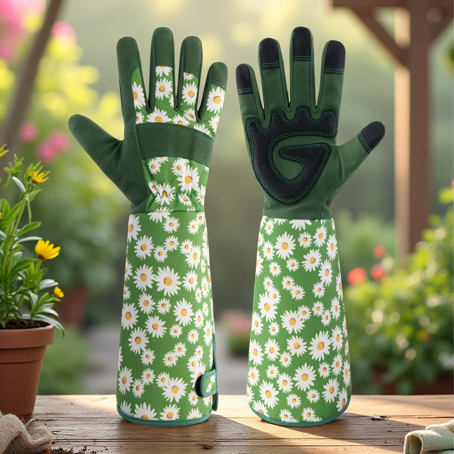 Green Long Gardening Gloves Thorn Proof Rose Pruning Gauntlets with Touchscreen Fingertips Breathable Forearm Protection Daisy Print โ image 2