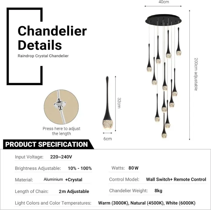 BAMDECOR LT08 12-Heads Solid Crystal Teardrop Chandelier High Ceiling Foyers Entrance Chandeliers Staircase Long Pendant Light (Black) — image 6