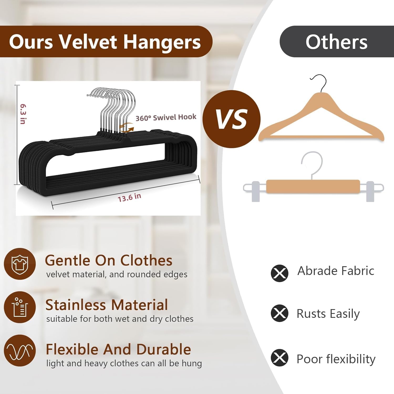 50 Pack Black Velvet Hangers Non Slip, Felt Pants Hangers Thin Space Saving Clothes Hanger Flocked Strong Durable Ganchos para Colgar Ropa with 360°Swivel Hook — image 3