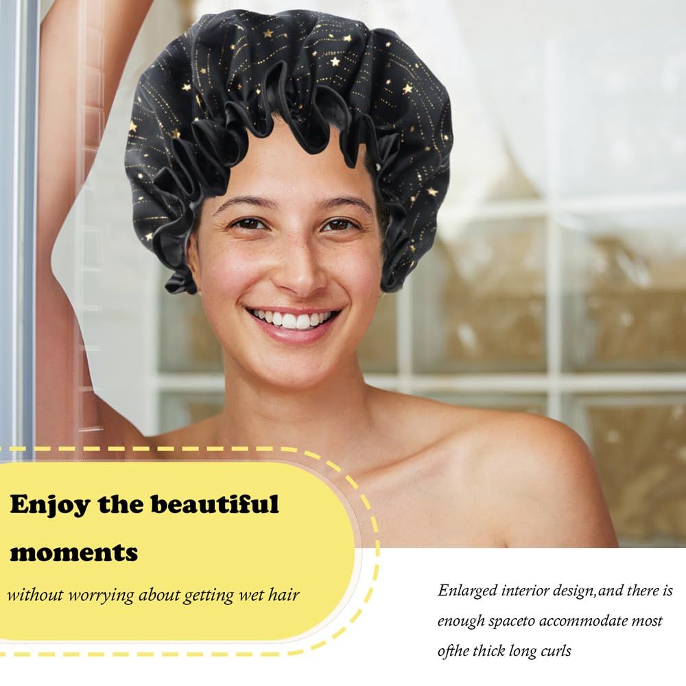 4 Pieces Shower Caps for Women, Double layer shower cap, Elastic Reusable Bathing Hair Cap Environmental Protection Hair Bath Caps — image 3