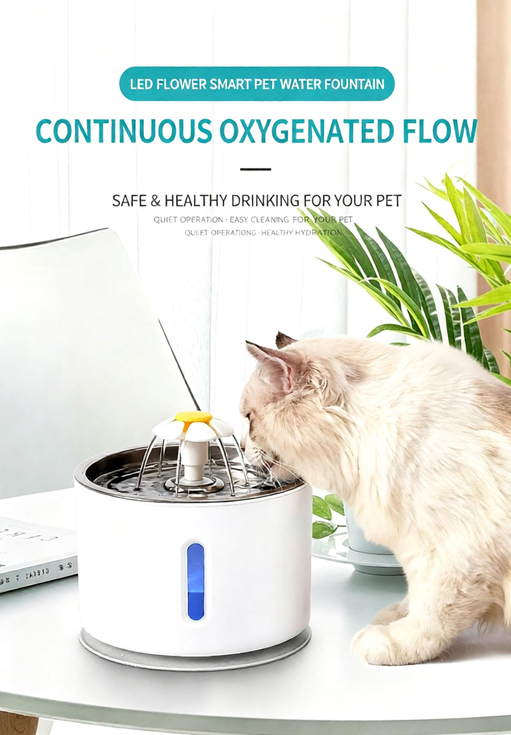 2.4L Pet Water Fountain - USB Powered Cat Water Dispenser with Filter and Flower Spout - Stainless Steel Drinking Bowl for Dogs Cats - Gray — image 2