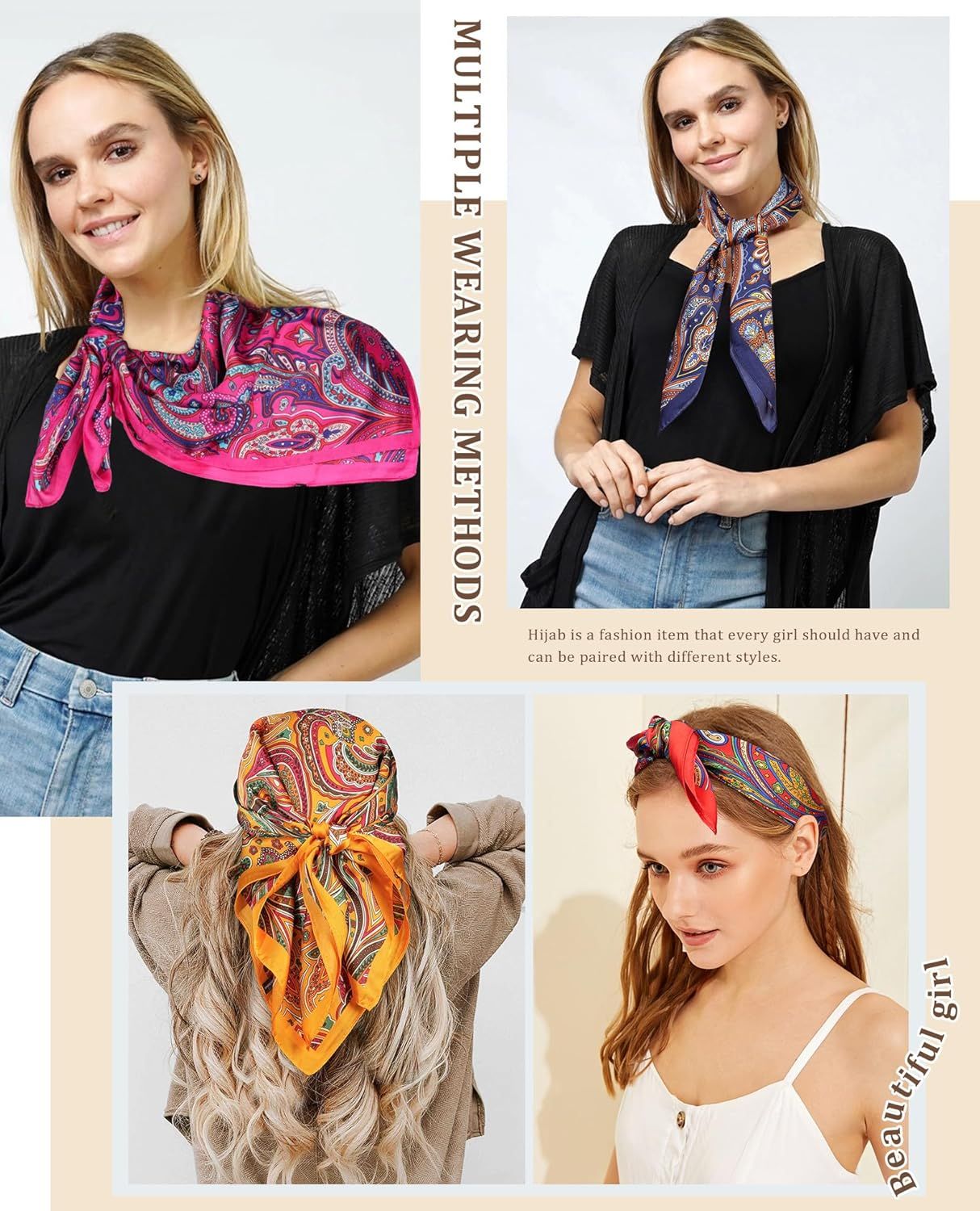 27.5” Silk Satin Square Head Scar - 4PCS Satin Head Scarves or Women Hair Kerchie Bandanas Sleeping Head Wraps — image 5