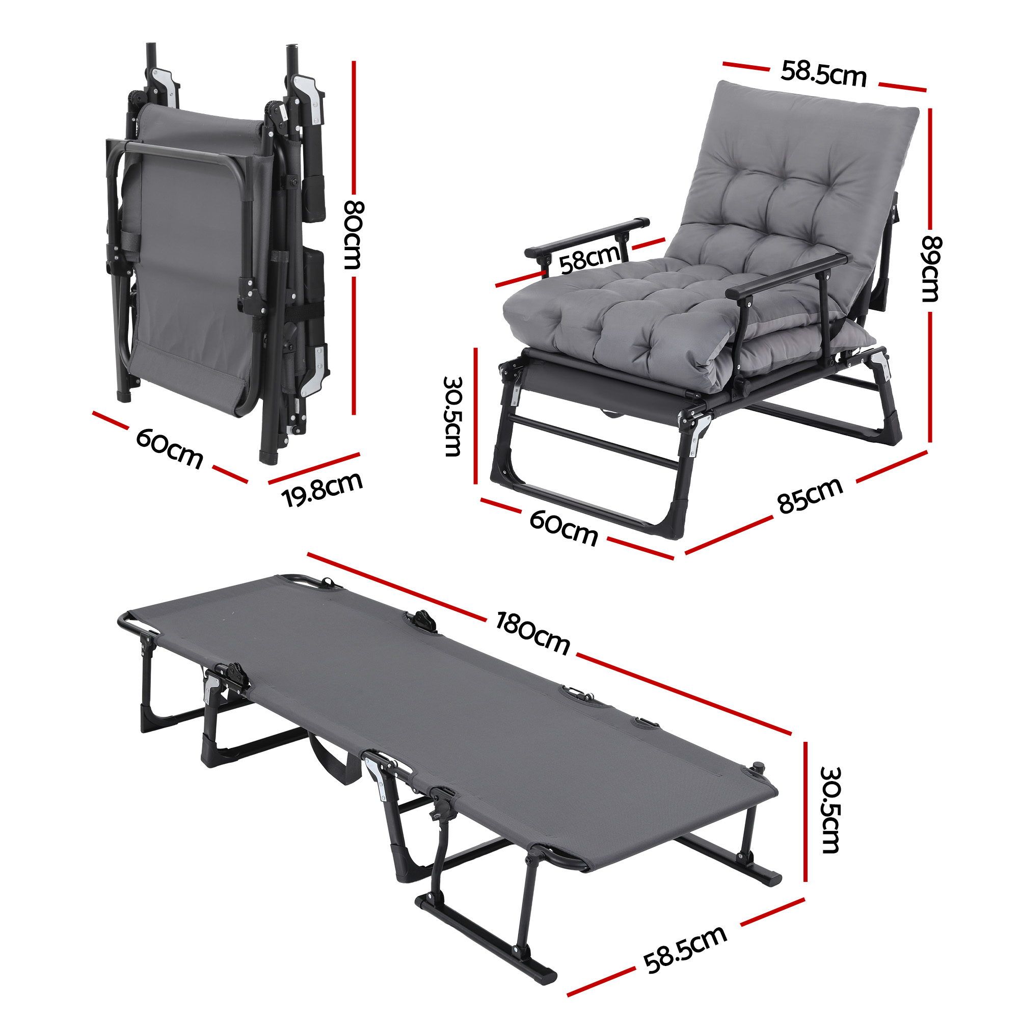 Gardeon 3-in-1 Sun Lounger Folding Camping Chair Adjustable Recliner Patio Furniture for Office Nap, Poolside โ image 2
