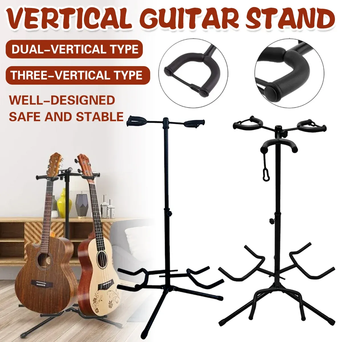 2/3Head Guitar Stand with Height Adjustment Foldable Holder Guitar Stand Bass - Dual-vertical type — image 2