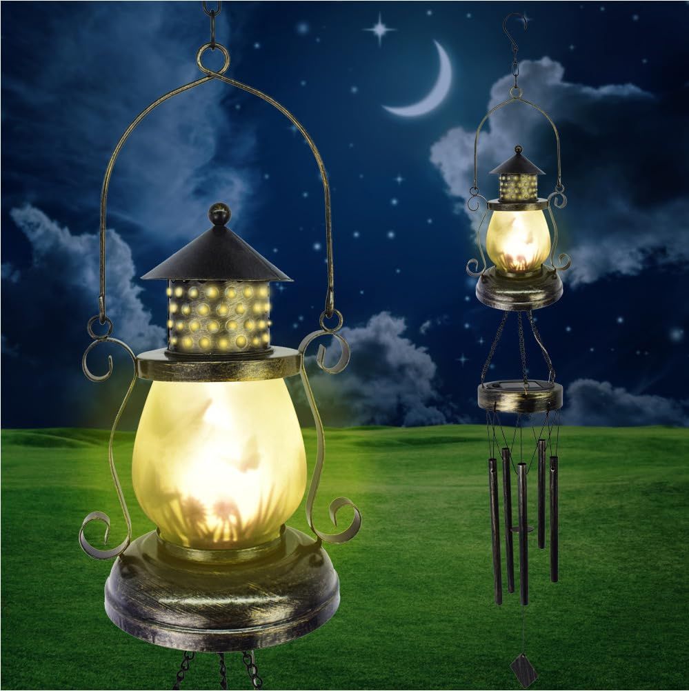 Solar Wind Chimes for Outdoor, Iron Hollow Wind Chimes Garden Decor Lantern Hanging Solar Landscape Lights Wind Bells