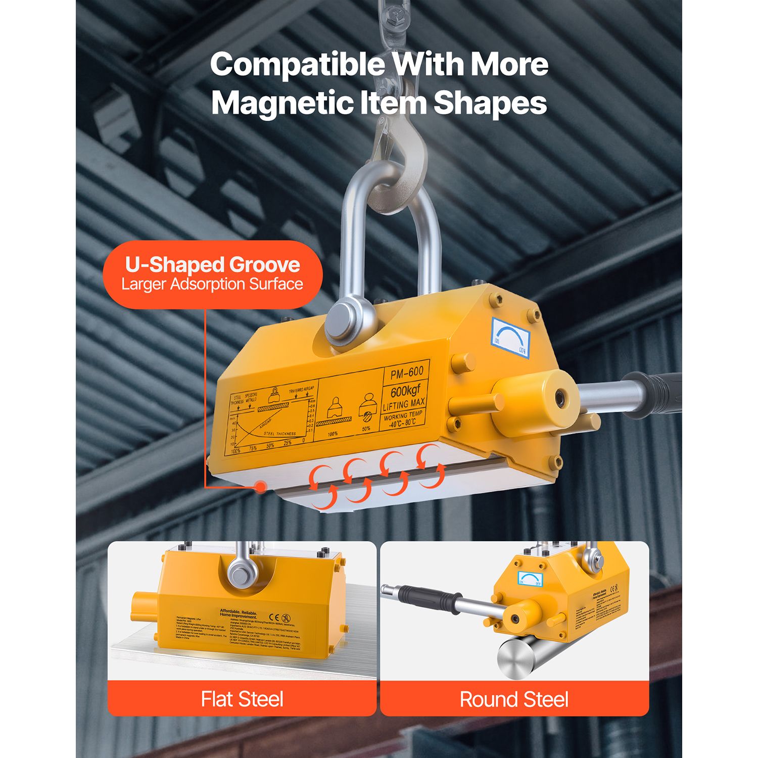 Permanent Magnetic Lifter, 600 kg Pulling Capacity, Heavy Duty N42 Neodymium Lifting Magnet with Release Handle and Steel Hook, Used in Shop Crane and Hoist — image 6