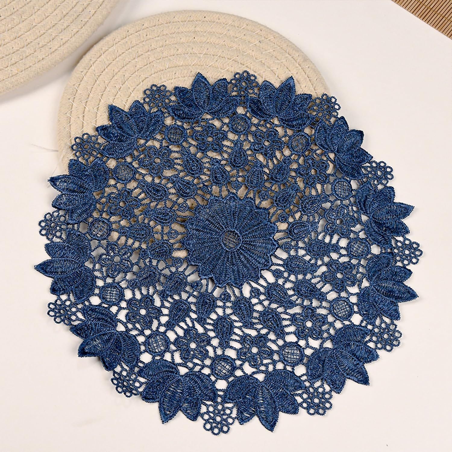 Blue embroidered heat-insulating coaster with anti slip hollow embroidery lace placemat, bowl and dish mat, ethnic style ornament(25cm) — image 2