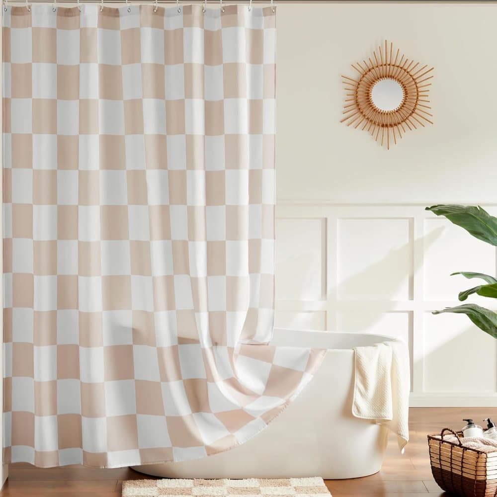 Checkered Shower Curtain 180x180 cm, Retro Chess Pattern Vintage Bathroom Decor, Beige — image 2