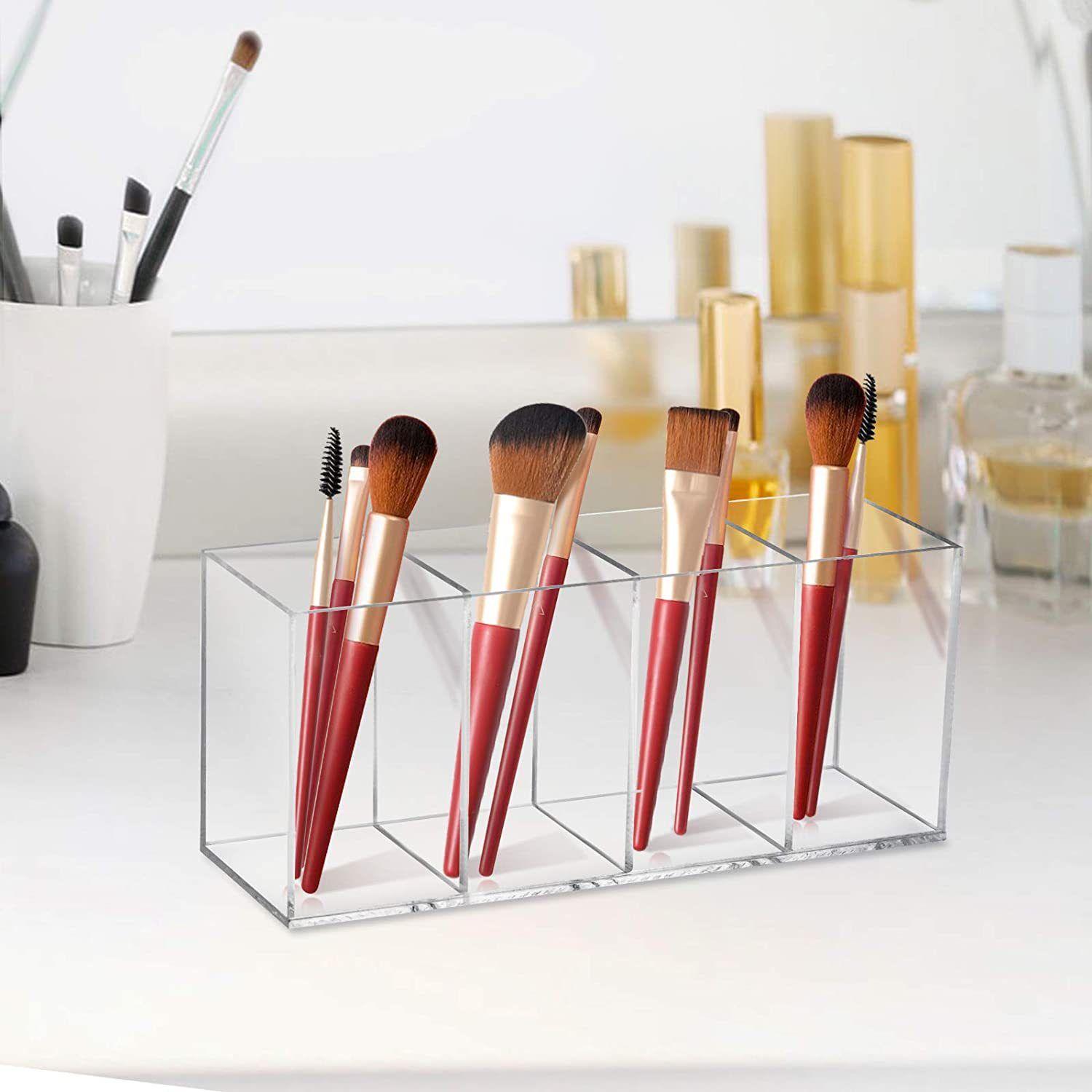 Acrylic pen holder with 4 compartments, transparent pencil storage cup, used for storing desktop office accessorie — image 4