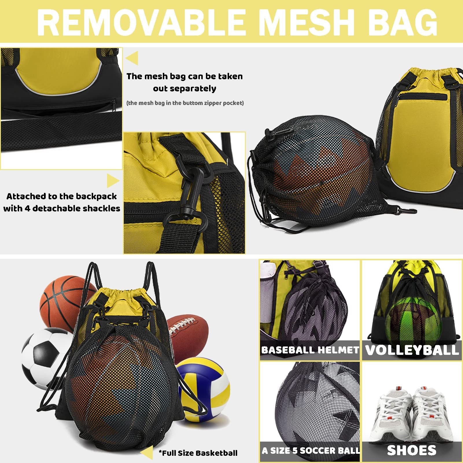 Drawstring Soccer Bag Basketball Backpack for Kids Teens, Foldable Sports Bags Detachable Ball Mesh Bag for Gym Yoga Football Baseball(oniy bag) — image 3
