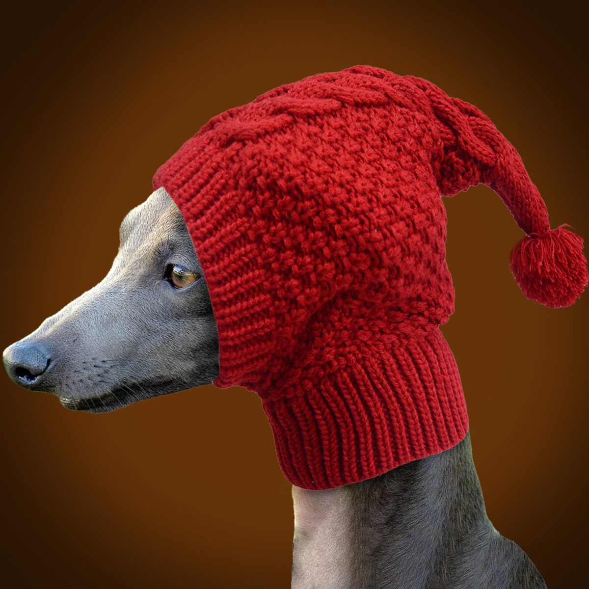 Size L Red Whimsical Knit Dog Hat with Pom-Pom - Cozy Winter Pet Beanie & Snood — image 3
