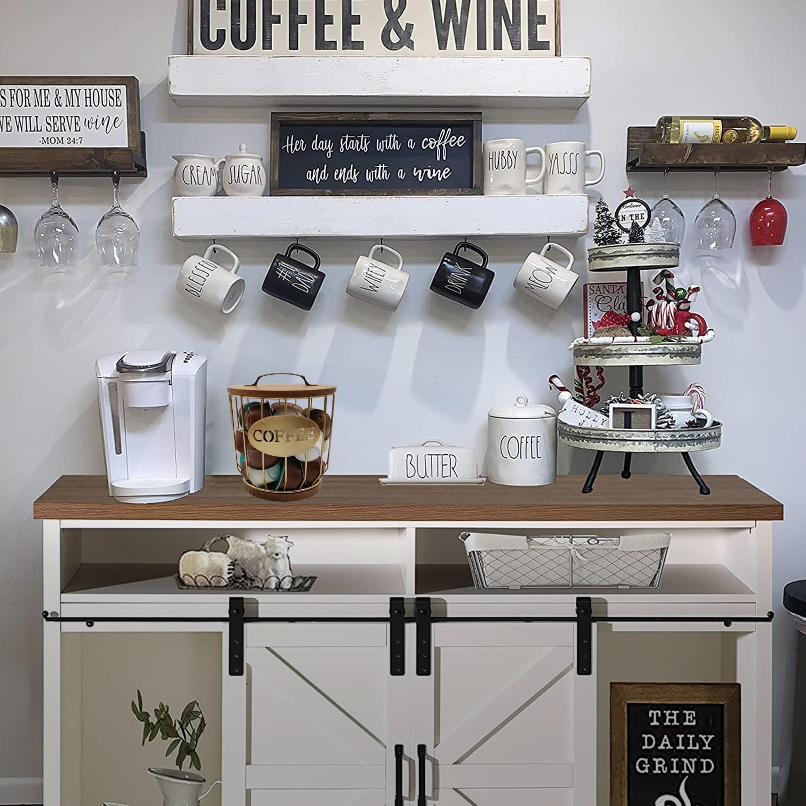 Round Coffee Pods Holder with Wooden Lid and Base,Wire Coffee Pods Storage Basket for Home Cafe Bar Countertop Decor(Gold) — image 5