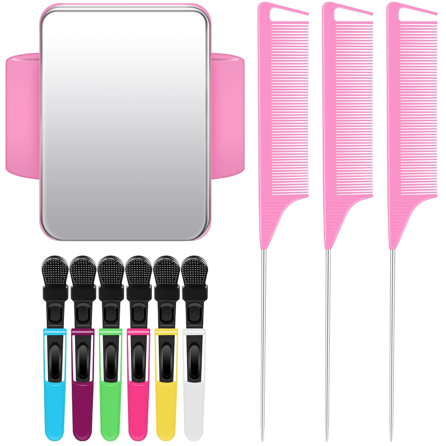10 Pcs Hair Styling Tools Set Magnetic Gel & Silicone Wristband for Stylists and Braiders, Wrist Strap, 3 Rat Tail Combs and 6 Plastic Clips(Pink Wrist Strap)