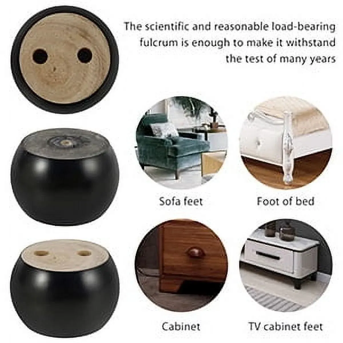 4 Pcs Round Bun Furniture Legs, Solid Eucalyptus Wood Replacement Sofa Feet, Black 2 Inch โ image 2