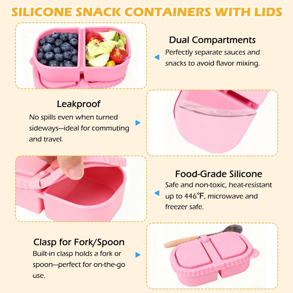 YQL 4 Pack Silicone Snack Containers with Leakproof Lids, Double-Compartment Bento Boxes for Kids & Adults, Reusable Food Storage for Snacks, Sauces, Lunch — image 3