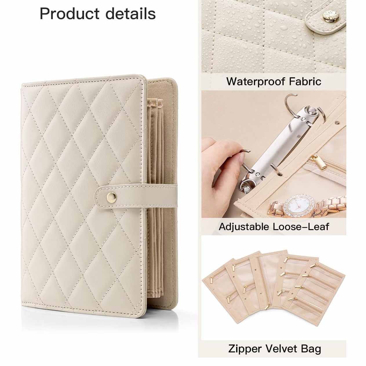 White Foldable Travel Jewelry Organizer - Velvet Zippered Case with Transparent Pages & Detachable Pouches β image 2