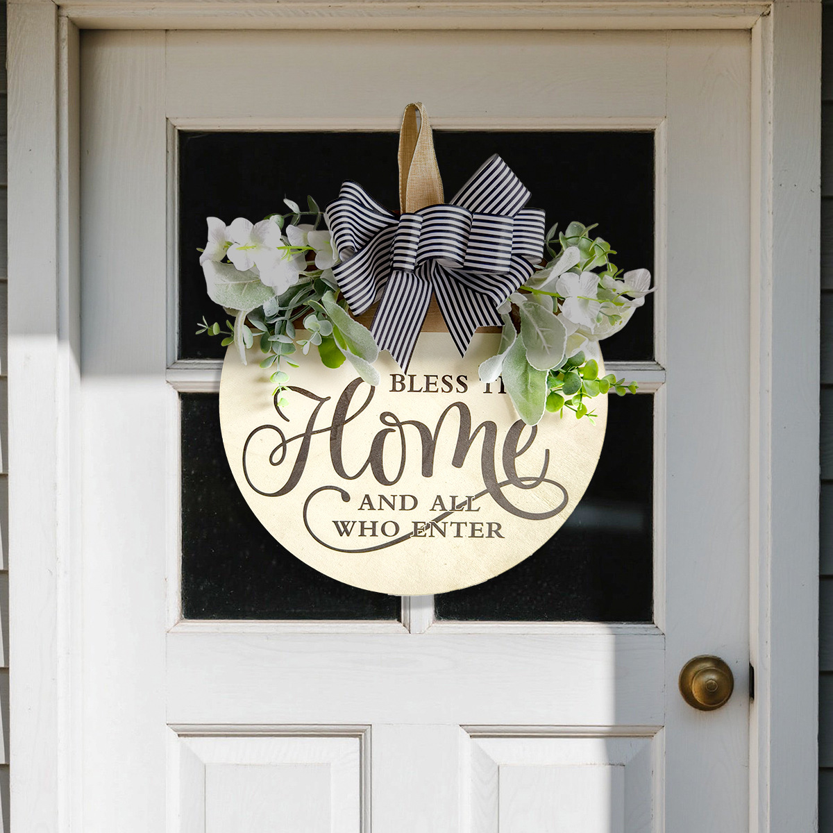 Rustic Wooden Door Hanger – "Bless This Home and All Who Enter" Round Sign with Artificial Flowers & Striped Bow for Front Door, Porch, or Entryway Decor — image 2