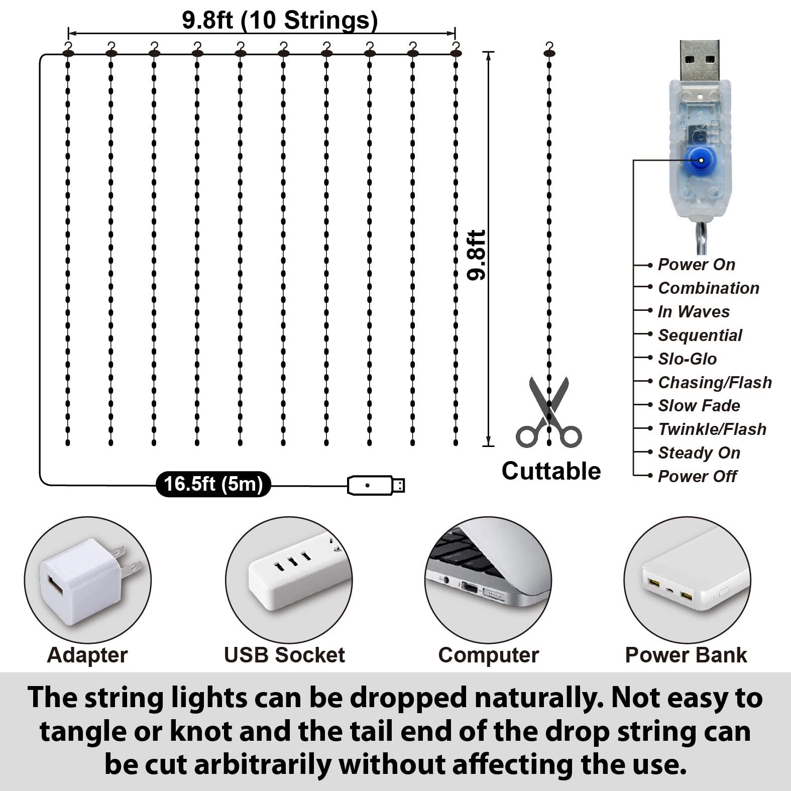 300LED White Fairy Curtain Lights for Bedroom, 3mx3m 8 Modes USB Plug in Window Christmas Led String Hanging Lights with Remote — image 4